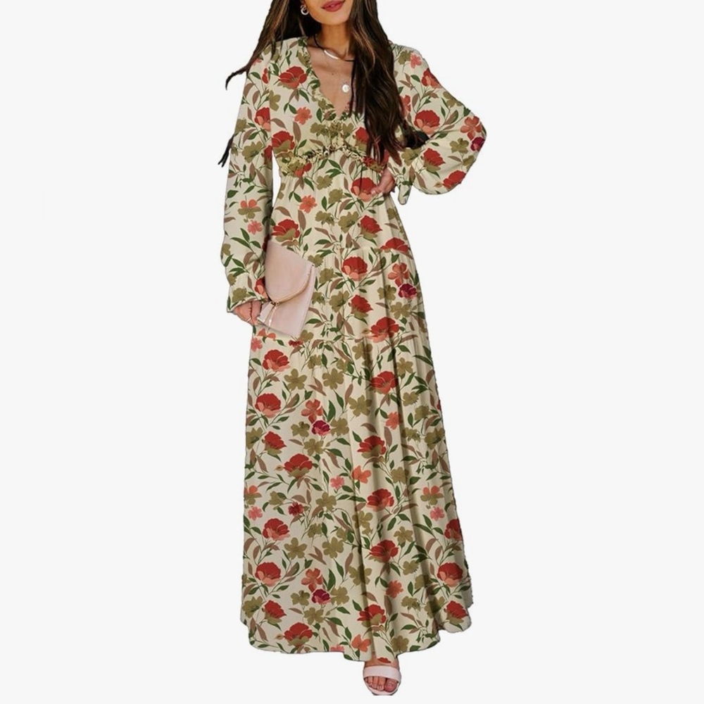 BLENCOT Women’s Boho Deep V-Neck Long Sleeve Maxi Dress 🌸 Size XL